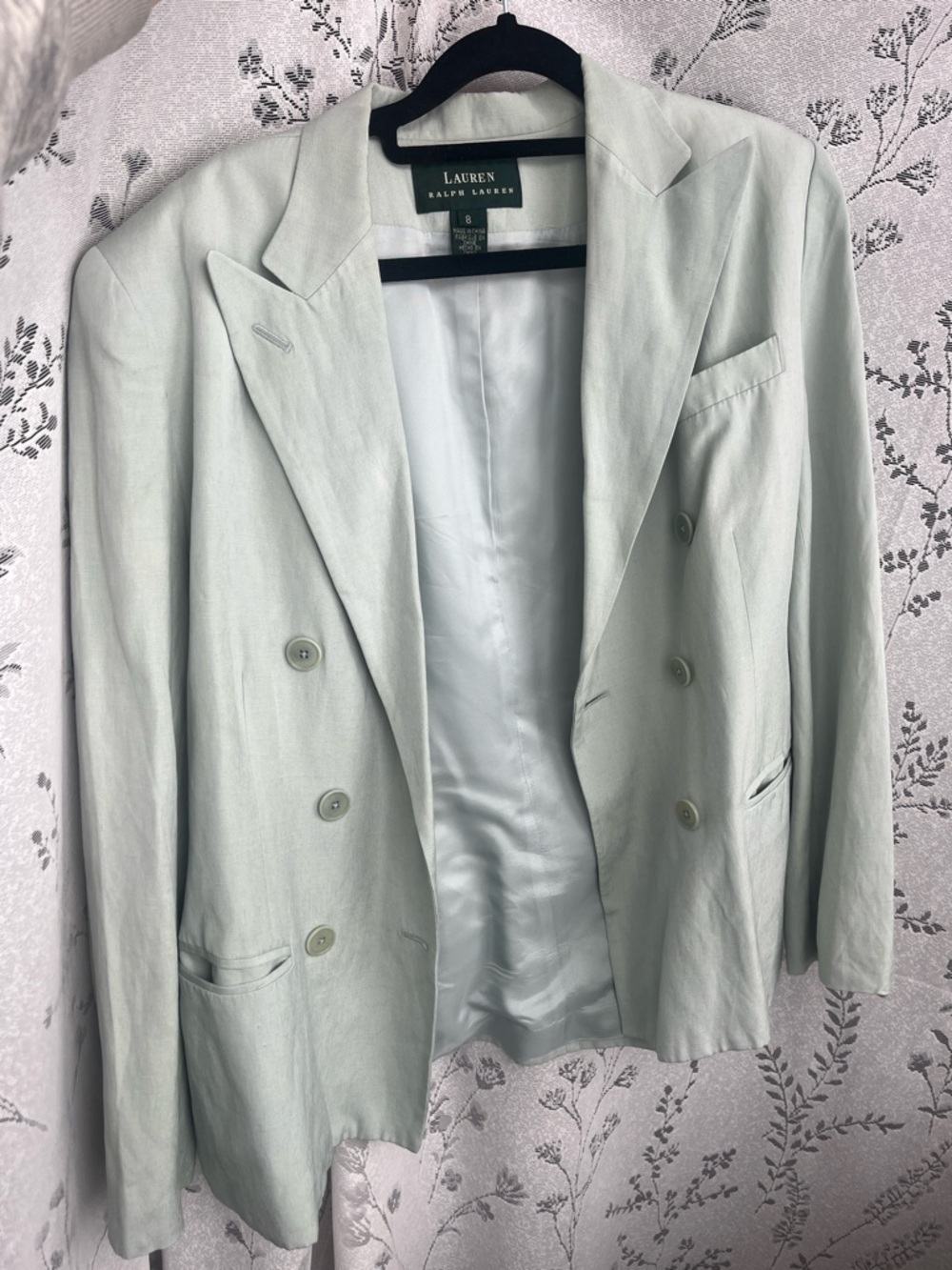 Lauren Ralph Pale Mint Green Double-Breasted Silk Linen Blazer - Picture 1 of 4